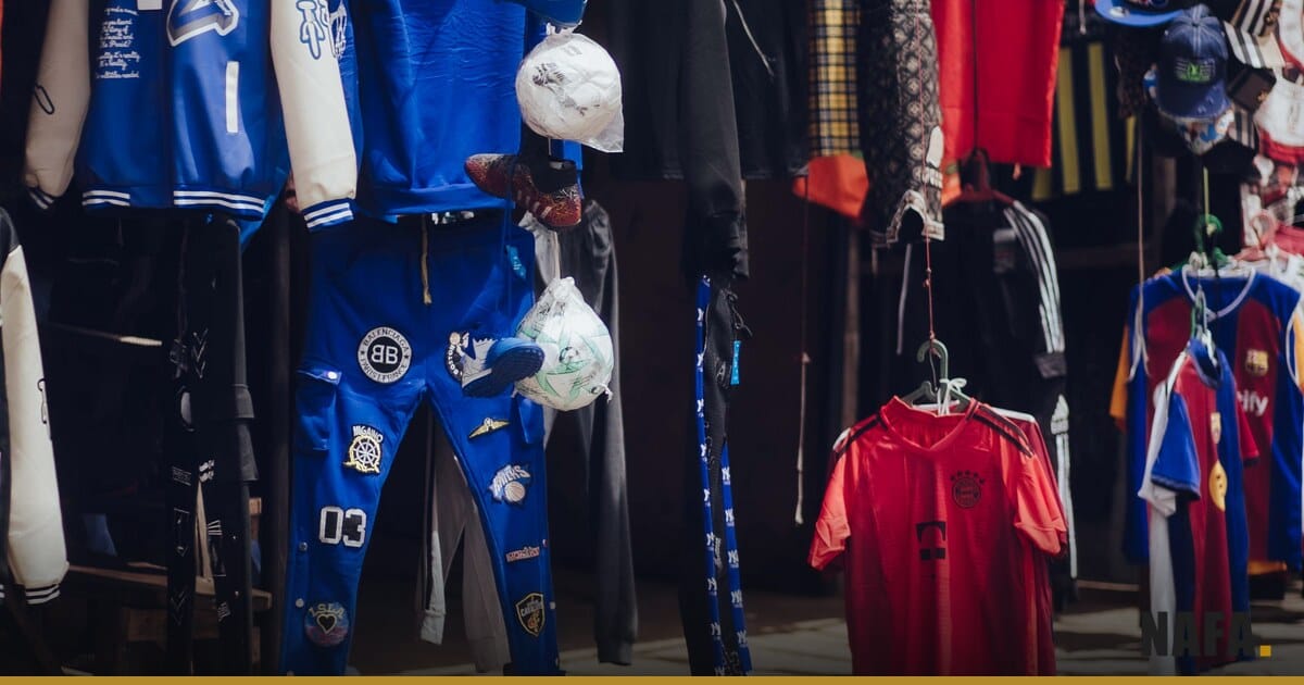 Étal de petit commerce avec des vêtements colorés exposés en plein jour