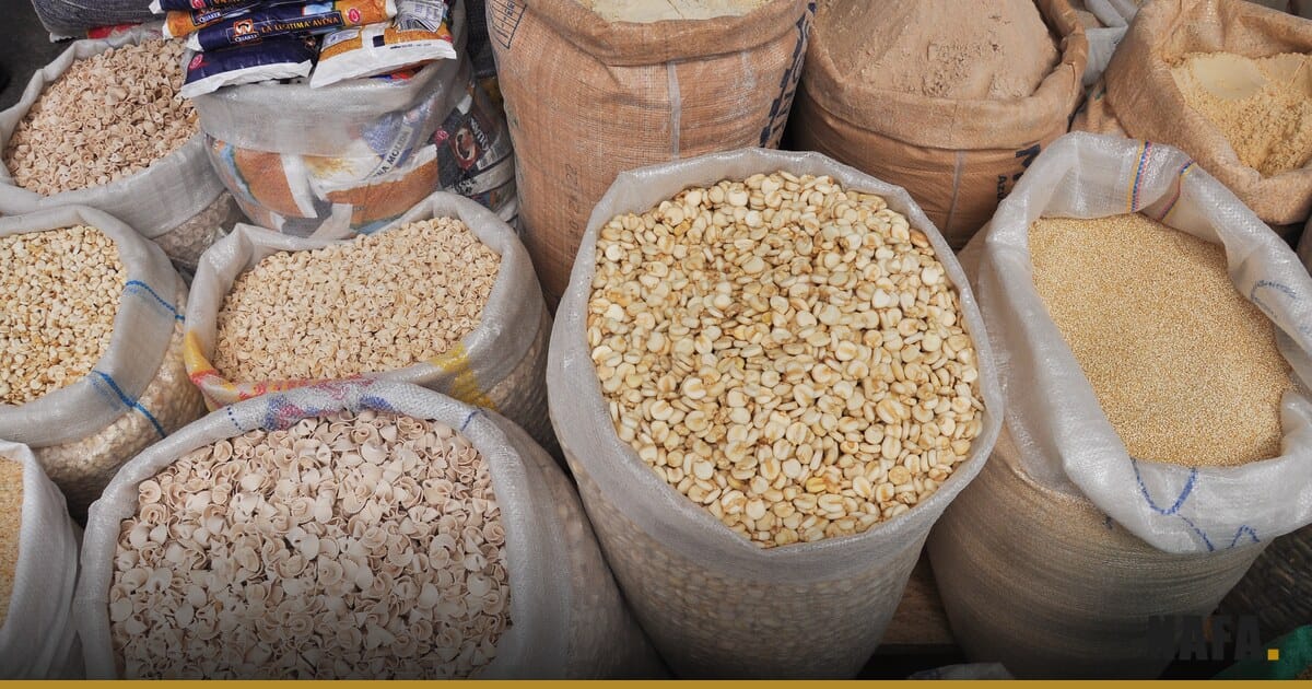 Sacs de riz, de graines et de céréales exposés sur un marché