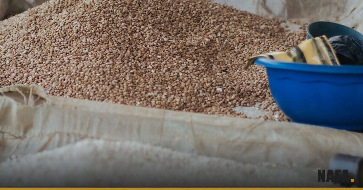 Sacs de riz et de céréales dans un marché ouest-africain