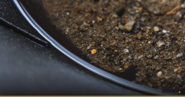 Pépite d'or brute dans du gravier, illustration de l'exploitation aurifère