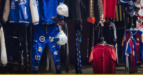 Étal de petit commerce avec des vêtements colorés exposés en plein jour